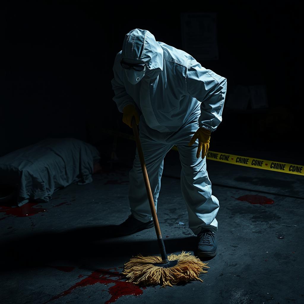 A dramatic scene showcasing a man in full protective gear, including a hazmat suit and gloves, diligently cleaning a crime scene with a mop