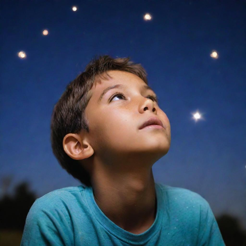 A young boy gazing towards the sky filled with brightly glowing stars, showcasing a hopeful expression.