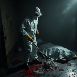 A dramatic scene showcasing a man in full protective gear, including a hazmat suit and gloves, diligently cleaning a crime scene with a mop