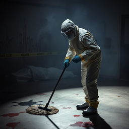 A dramatic scene showcasing a man in full protective gear, including a hazmat suit and gloves, diligently cleaning a crime scene with a mop