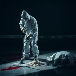 A dramatic scene showcasing a man in full protective gear, including a hazmat suit and gloves, diligently cleaning a crime scene with a mop