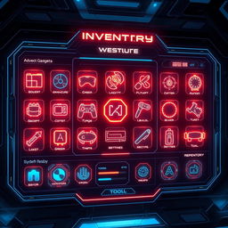 A futuristic inventory interface, showcasing a digital display with holographic elements, featuring advanced technology gadgets and tools