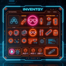 A futuristic inventory interface, showcasing a digital display with holographic elements, featuring advanced technology gadgets and tools