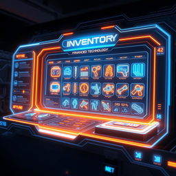 A futuristic inventory interface, showcasing a digital display with holographic elements, featuring advanced technology gadgets and tools