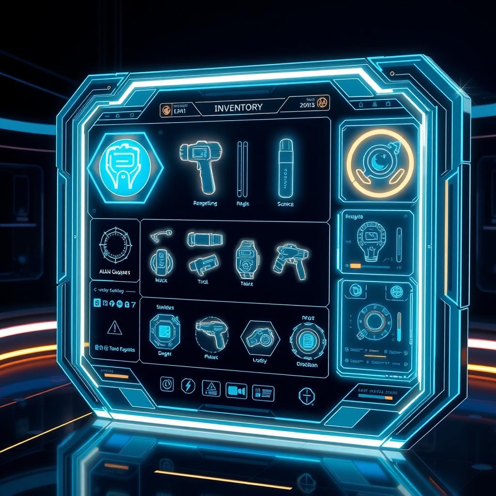 A futuristic inventory interface, showcasing a digital display with holographic elements, featuring advanced technology gadgets and tools