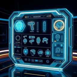 A futuristic inventory interface, showcasing a digital display with holographic elements, featuring advanced technology gadgets and tools