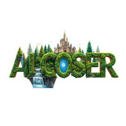 The word 'ALCOSER' is transformed into a fantastical realm, with each letter becoming part of the scenery