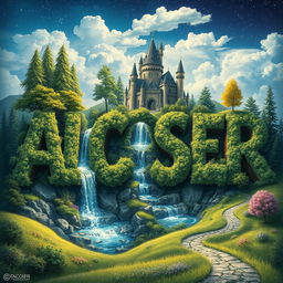 The word 'ALCOSER' is transformed into a fantastical realm, with each letter becoming part of the scenery