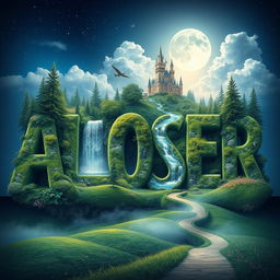 The word 'ALCOSER' is transformed into a fantastical realm, with each letter becoming part of the scenery