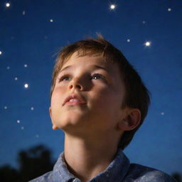 A young boy gazing towards the sky filled with brightly glowing stars, showcasing a hopeful expression.