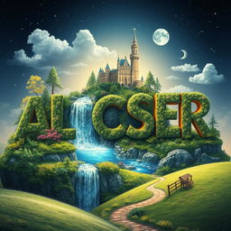 The word 'ALCOSER' is transformed into a fantastical realm, with each letter becoming part of the scenery