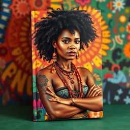 A captivating book cover featuring an Afro-Indigenous woman named Naya, exuding strength and cultural richness