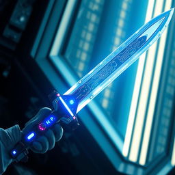 A highly futuristic and ultra-cool robotic sword, featuring sleek, aerodynamic lines and advanced technology