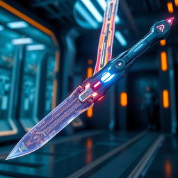 A highly futuristic and ultra-cool robotic sword, featuring sleek, aerodynamic lines and advanced technology