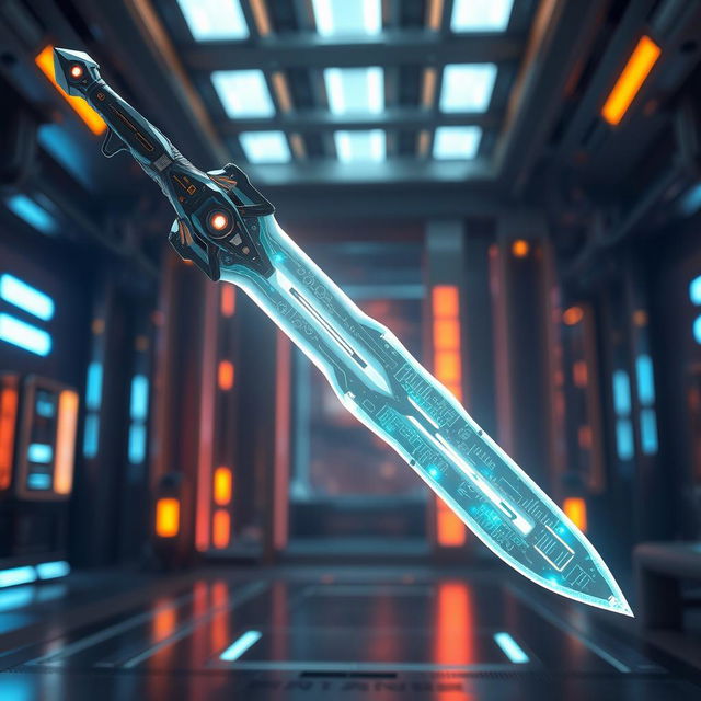 A highly futuristic and ultra-cool robotic sword, featuring sleek, aerodynamic lines and advanced technology