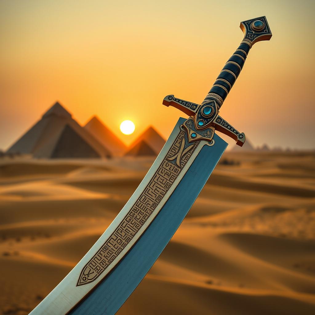 A very cool ancient Egyptian sword, featuring intricate hieroglyphic engravings along the blade and a hilt adorned with gold and precious stones