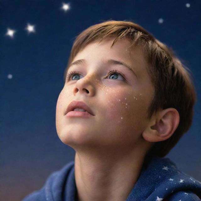 A young boy gazing towards the sky filled with brightly glowing stars, showcasing a hopeful expression.