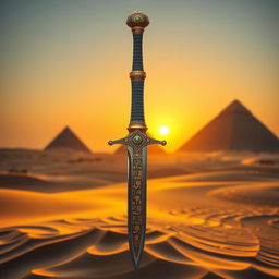 A very cool ancient Egyptian sword, featuring intricate hieroglyphic engravings along the blade and a hilt adorned with gold and precious stones