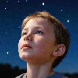 A young boy gazing towards the sky filled with brightly glowing stars, showcasing a hopeful expression.