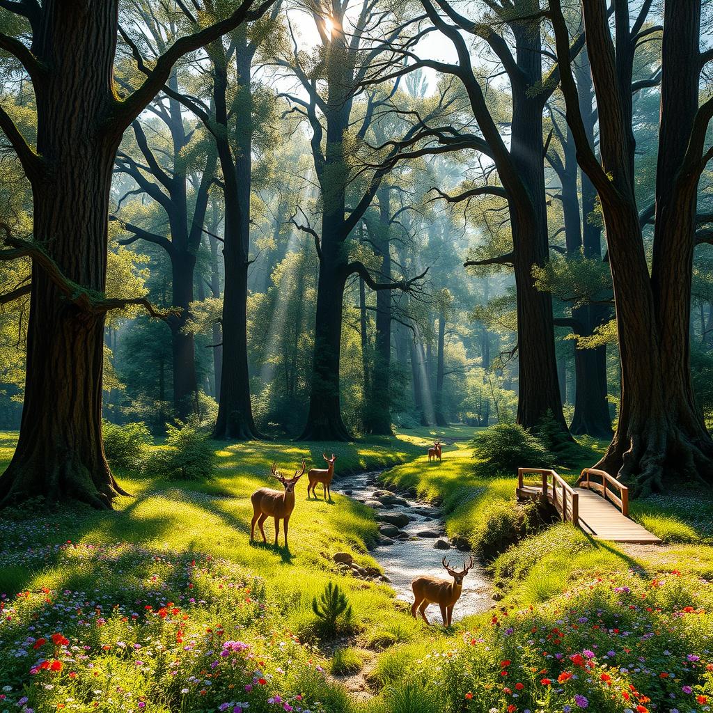 A serene forest landscape with towering ancient trees, sunlight streaming through the dense canopy, illuminating a carpet of colorful wildflowers