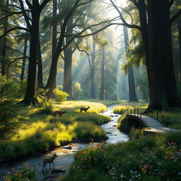 A serene forest landscape with towering ancient trees, sunlight streaming through the dense canopy, illuminating a carpet of colorful wildflowers