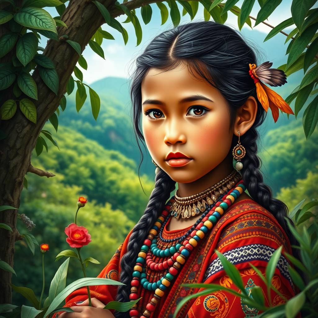 A beautiful and striking book cover featuring an indigenous girl, portraying her in a vibrant natural environment