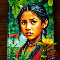 A beautiful and striking book cover featuring an indigenous girl, portraying her in a vibrant natural environment