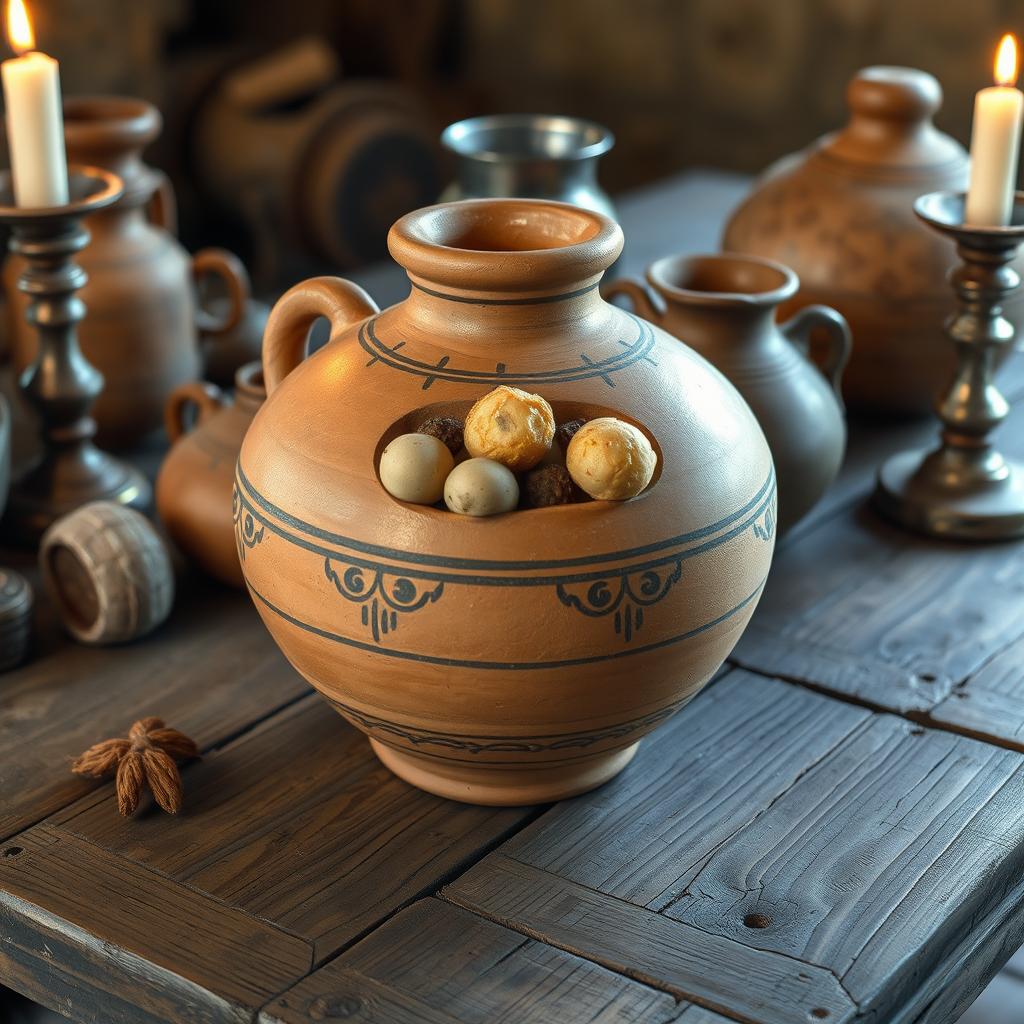 An ancient pottery jar from the time of Christ, filled with food typical of the period