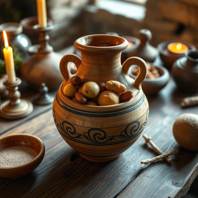 An ancient pottery jar from the time of Christ, filled with food typical of the period