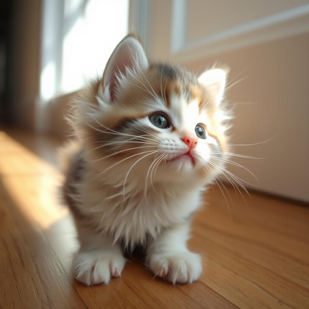 Close-up view of a cute, fluffy kitten with sparkling eyes, sitting in a sunbeam on a wooden floor