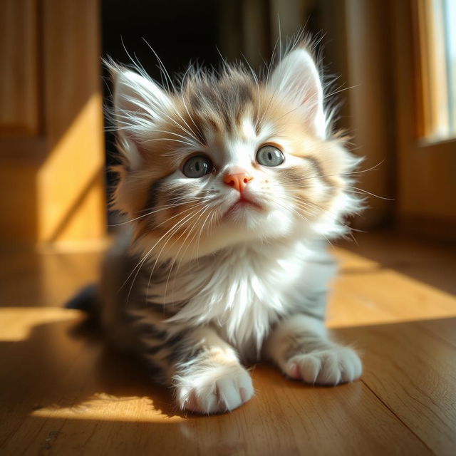 Close-up view of a cute, fluffy kitten with sparkling eyes, sitting in a sunbeam on a wooden floor