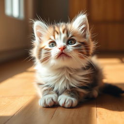 Close-up view of a cute, fluffy kitten with sparkling eyes, sitting in a sunbeam on a wooden floor