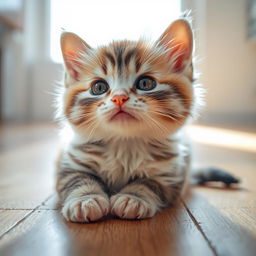 Close-up view of a cute, fluffy kitten with sparkling eyes, sitting in a sunbeam on a wooden floor