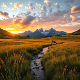 A serene landscape of a mountain meadow at sunset