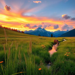 A serene landscape of a mountain meadow at sunset