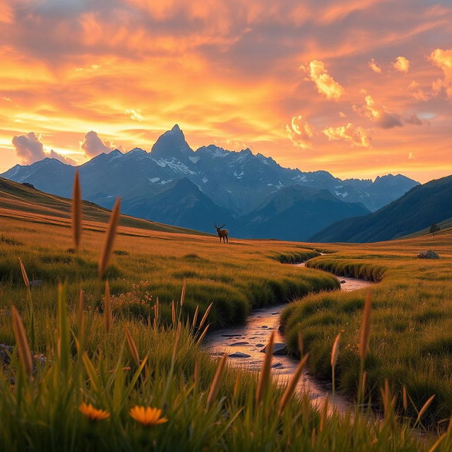 A serene landscape of a mountain meadow at sunset