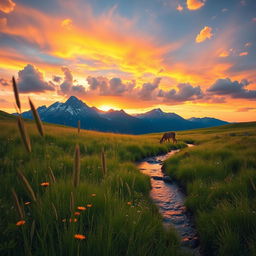 A serene landscape of a mountain meadow at sunset