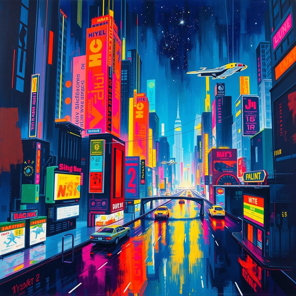 A vivid and colorful abstract painting of a futuristic cityscape at night, with towering skyscrapers, neon lights reflecting off wet streets, and flying cars zooming above