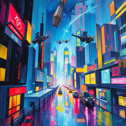 A vivid and colorful abstract painting of a futuristic cityscape at night, with towering skyscrapers, neon lights reflecting off wet streets, and flying cars zooming above