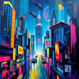 A vivid and colorful abstract painting of a futuristic cityscape at night, with towering skyscrapers, neon lights reflecting off wet streets, and flying cars zooming above