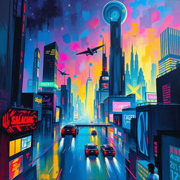 A vivid and colorful abstract painting of a futuristic cityscape at night, with towering skyscrapers, neon lights reflecting off wet streets, and flying cars zooming above