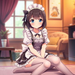 Anime girl dressed in a traditional maid costume, sitting gracefully as she crosses her legs