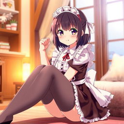 Anime girl dressed in a traditional maid costume, sitting gracefully as she crosses her legs