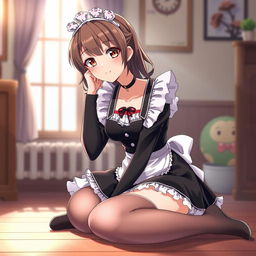 Anime girl dressed in a traditional maid costume, sitting gracefully as she crosses her legs