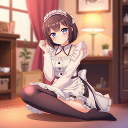 Anime girl dressed in a traditional maid costume, sitting gracefully as she crosses her legs