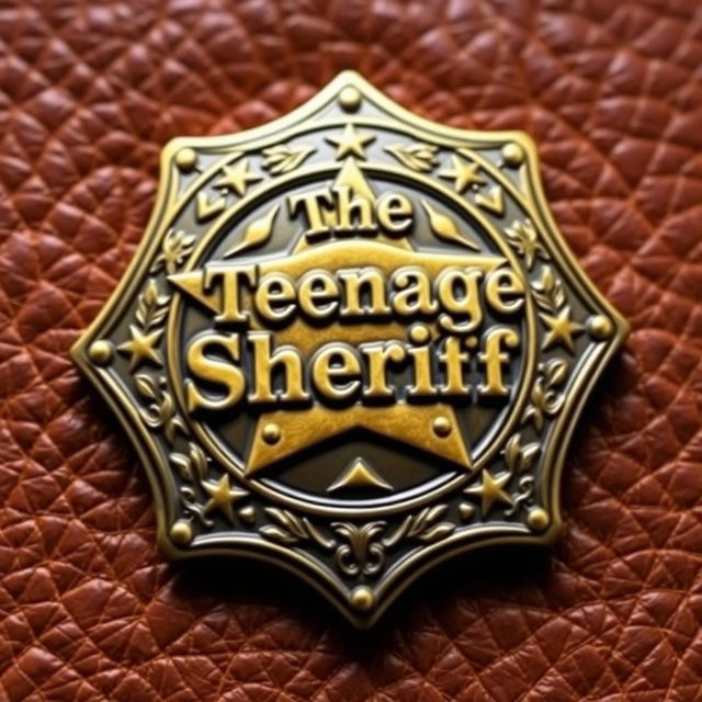 A detailed sheriff's badge with intricate engravings, featuring the words "The Teenage Sheriff" prominently emblazoned across the front