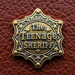 A detailed sheriff's badge with intricate engravings, featuring the words "The Teenage Sheriff" prominently emblazoned across the front