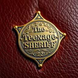 A detailed sheriff's badge with intricate engravings, featuring the words "The Teenage Sheriff" prominently emblazoned across the front