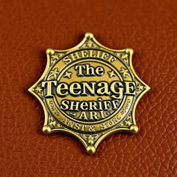 A detailed sheriff's badge with intricate engravings, featuring the words "The Teenage Sheriff" prominently emblazoned across the front