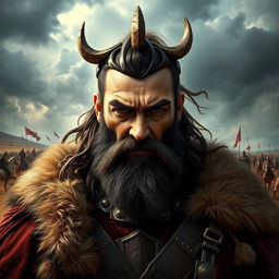 A powerful depiction of Attila the Hun, showcasing the formidable leader in the midst of his conquest